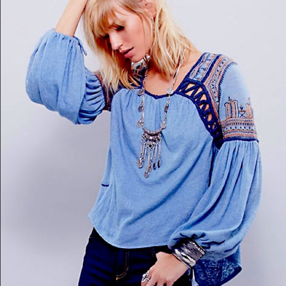 FP Blue long sleeve boho embroidered blouse